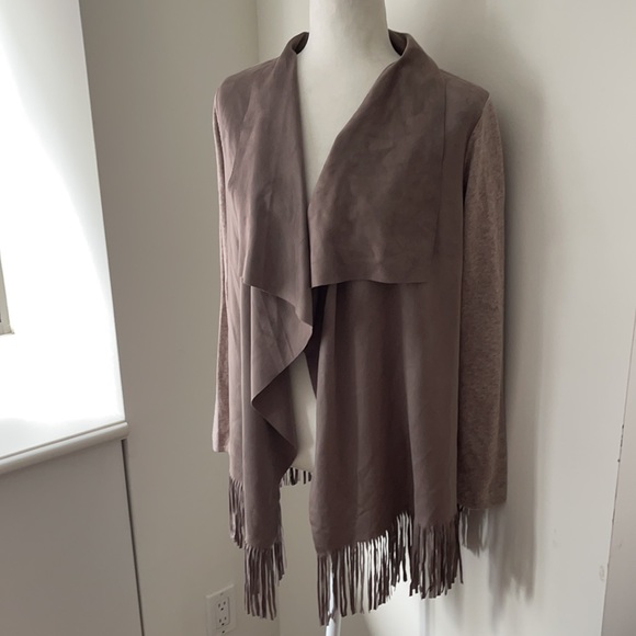 Muche et Muchette tan ultra suede and soft knit fringes waterfall cardigan - Picture 1 of 11